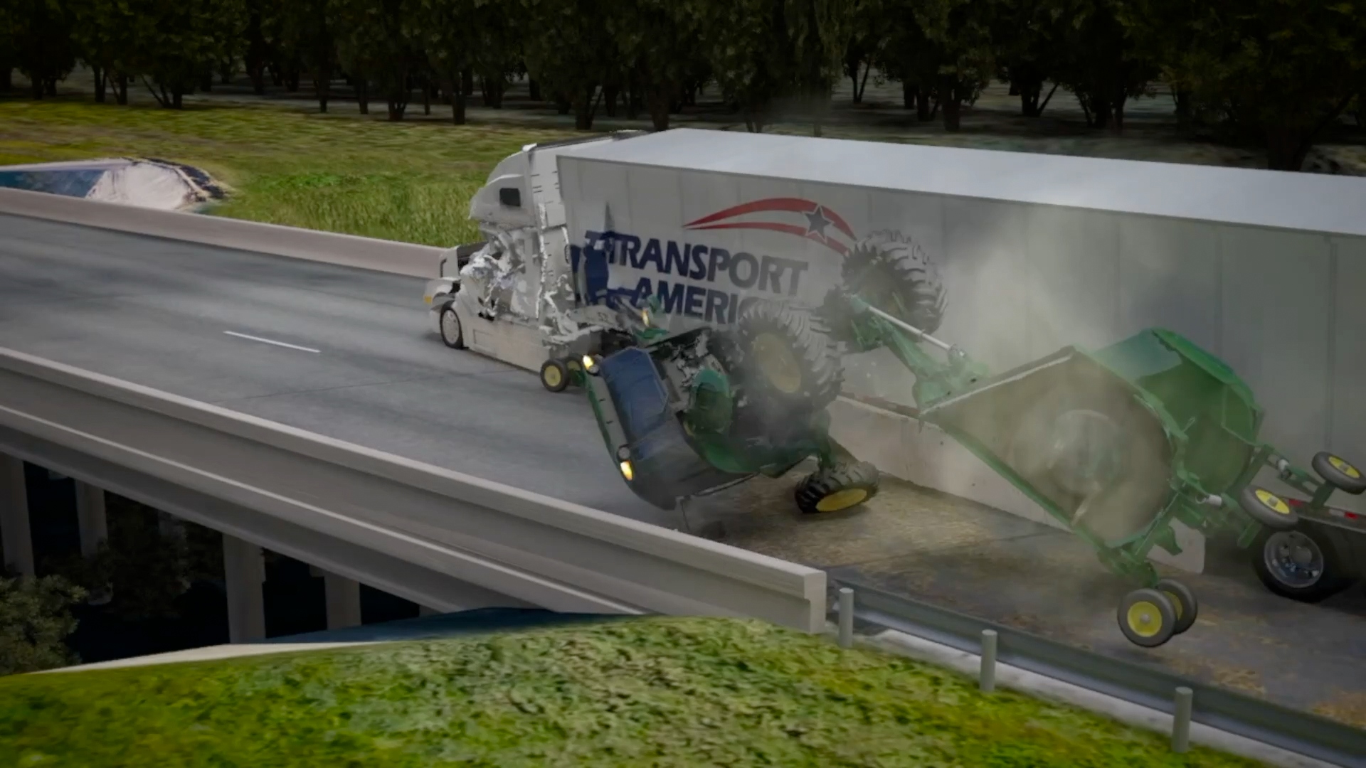 Truck collision reconstruction showing a heavy equipment impact sequence on a roadway.